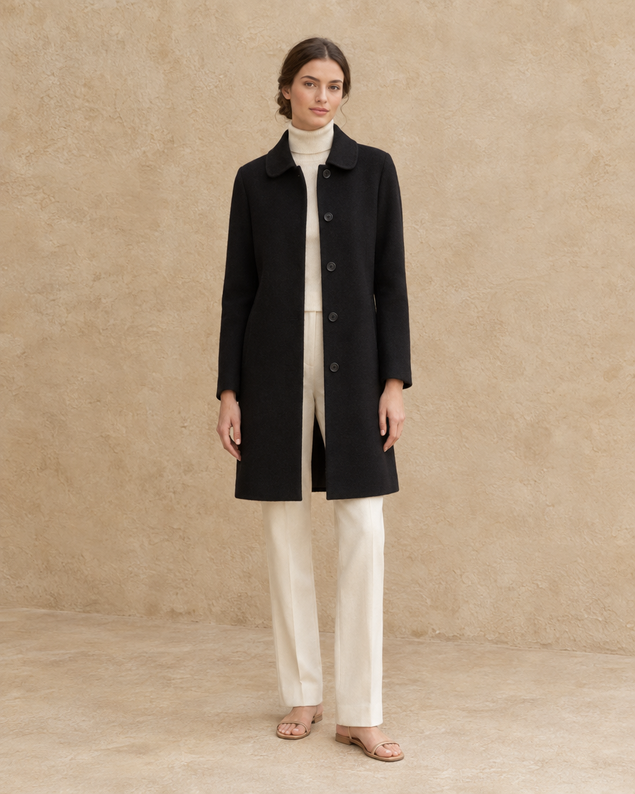 ONORA Clairmont Wool Polo-Collar Coat — Black