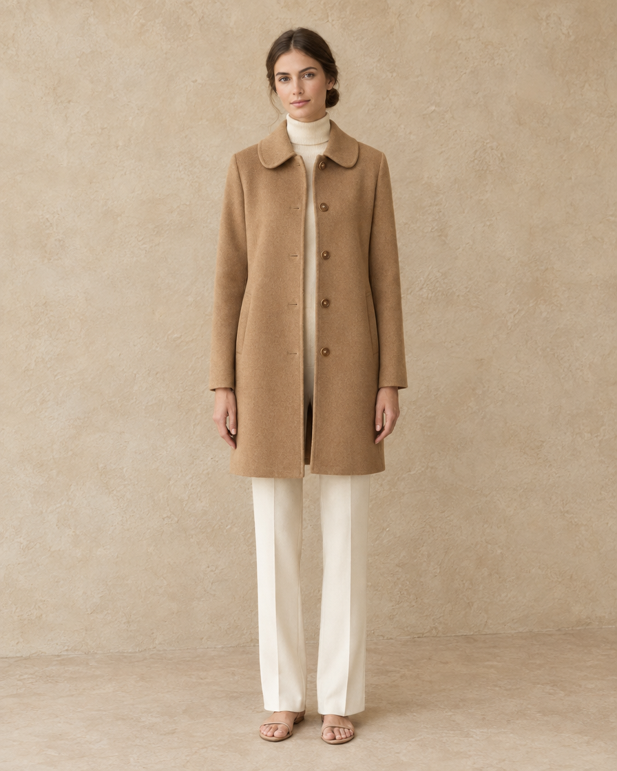 ONORA Clairmont Wool Polo-Collar Coat — full length front, Camel