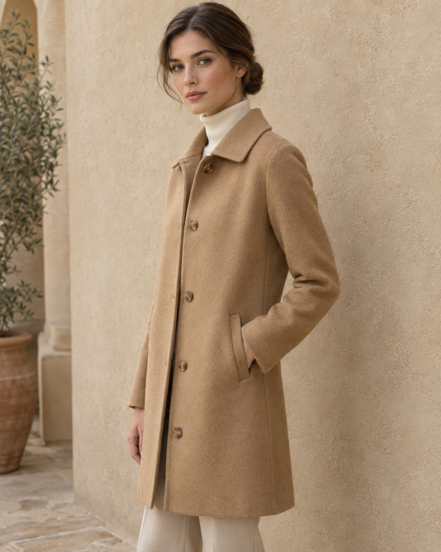 ONORA Clairmont Wool Polo-Collar Coat — three-quarter view