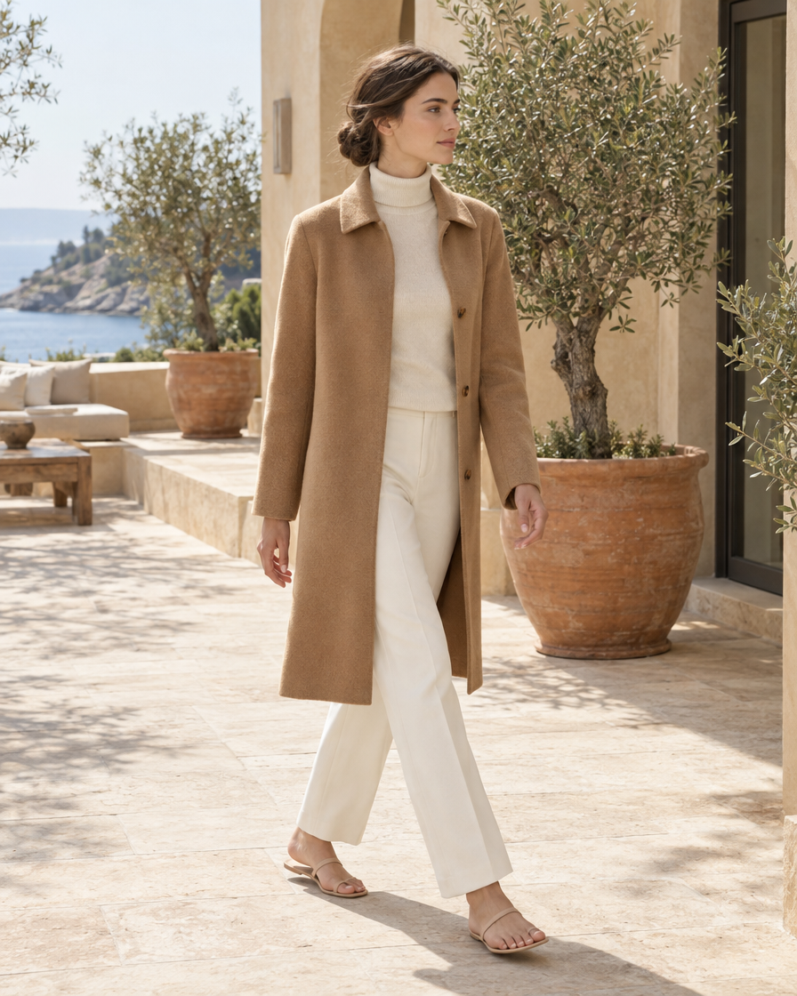ONORA Clairmont Wool Polo-Collar Coat — worn on a villa terrace