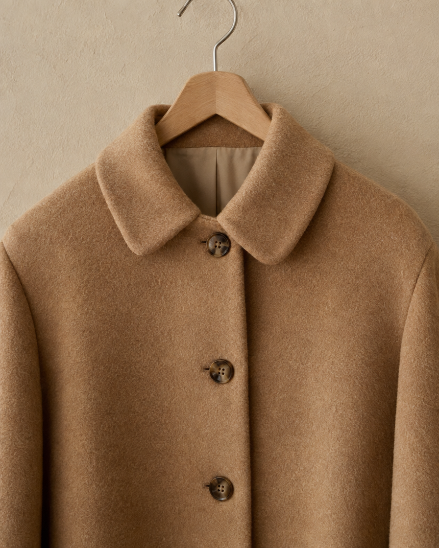 ONORA Clairmont Wool Polo-Collar Coat — polo collar and button detail