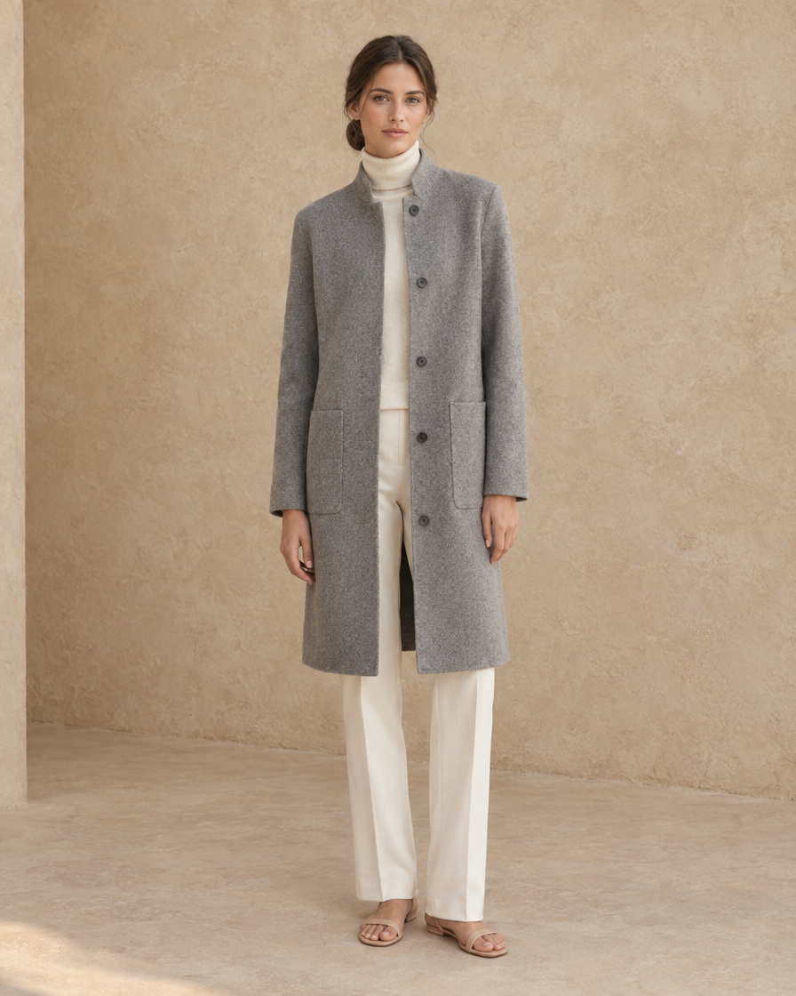 ONORA Donegal Stand-Collar Wool-Blend Coat — full length front, Gray