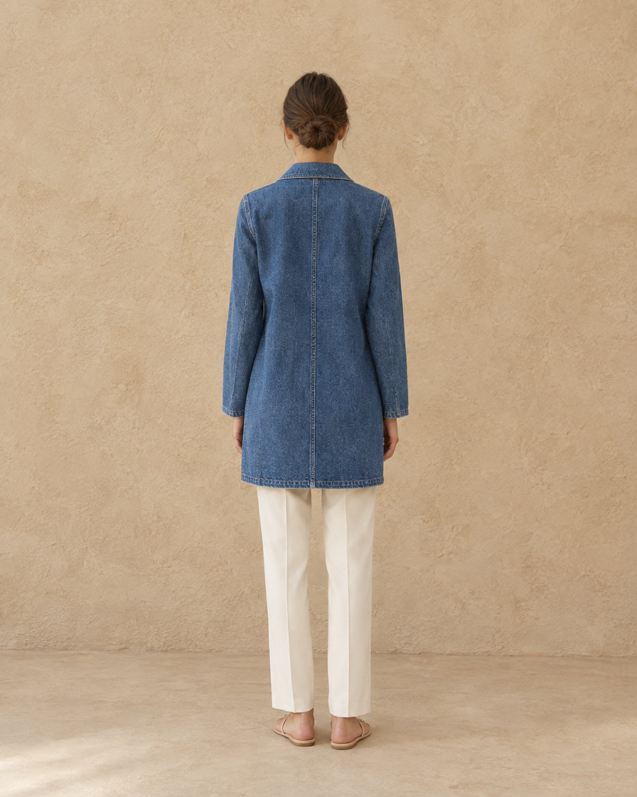 ONORA Harlan Straight-Cut Denim Coat — full length back