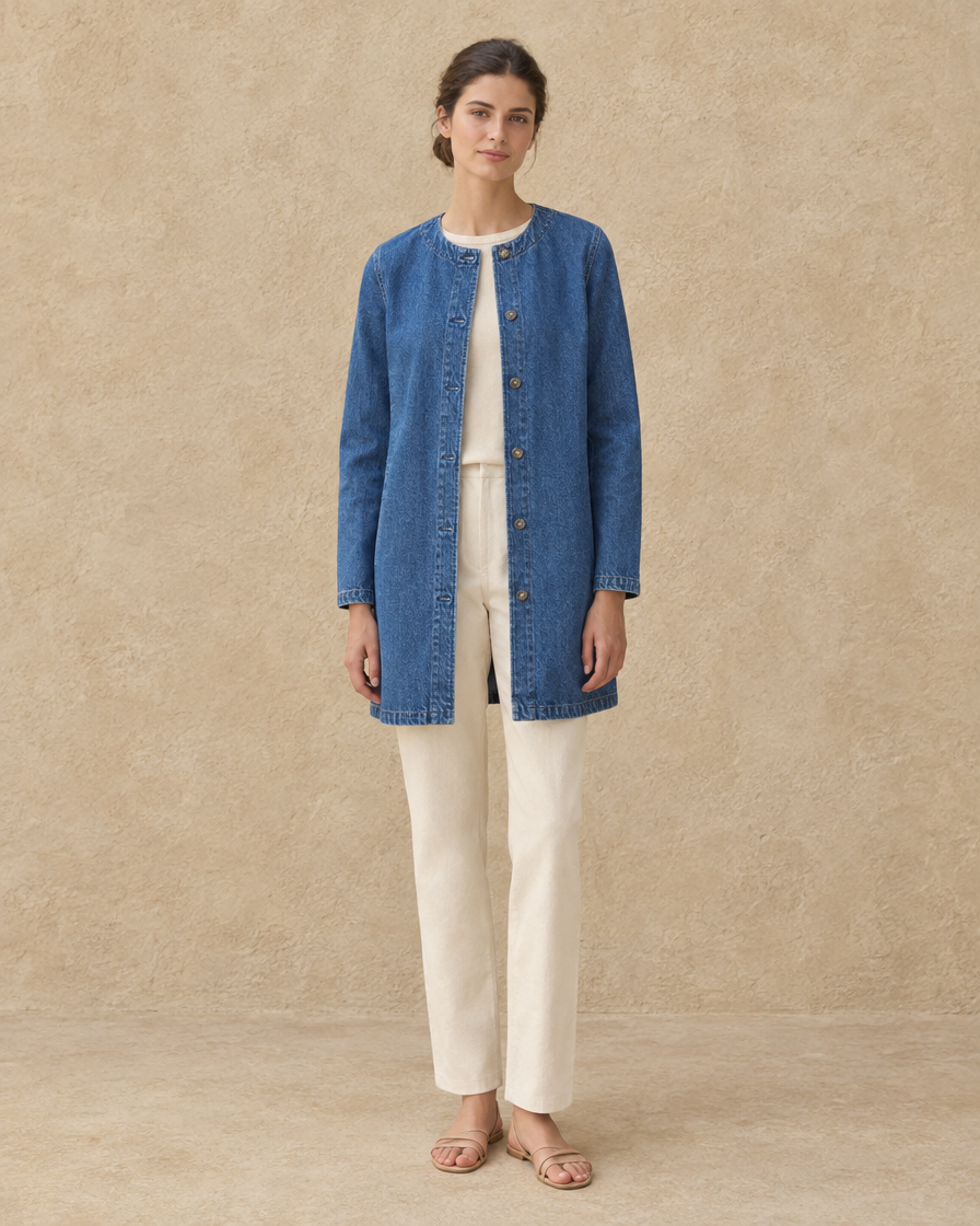ONORA Harlan Straight-Cut Denim Coat — full length front, Blue