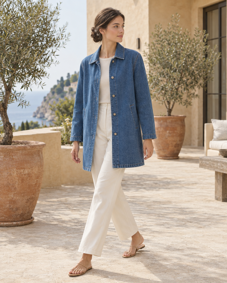 ONORA Harlan Straight-Cut Denim Coat — worn on a villa terrace