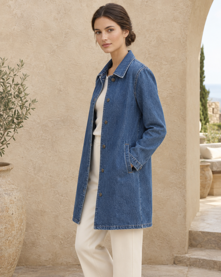 ONORA Harlan Straight-Cut Denim Coat — three-quarter view