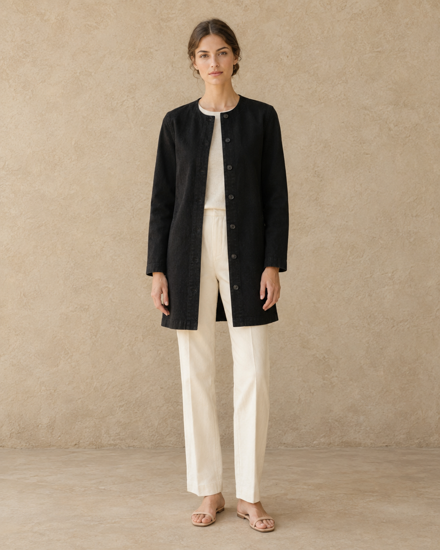 ONORA Harlan Straight-Cut Denim Coat — Black