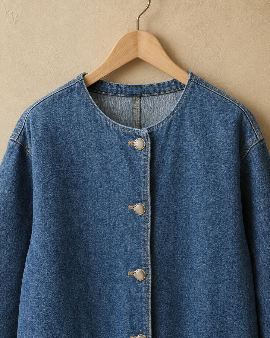 ONORA Harlan Straight-Cut Denim Coat — button placket and denim detail