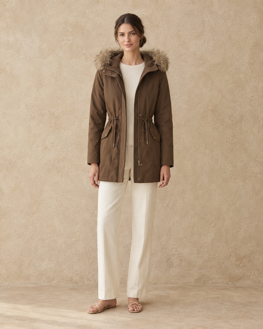 ONORA Heath Parka with Faux Fur Trimmed Hood — full length front, Brown