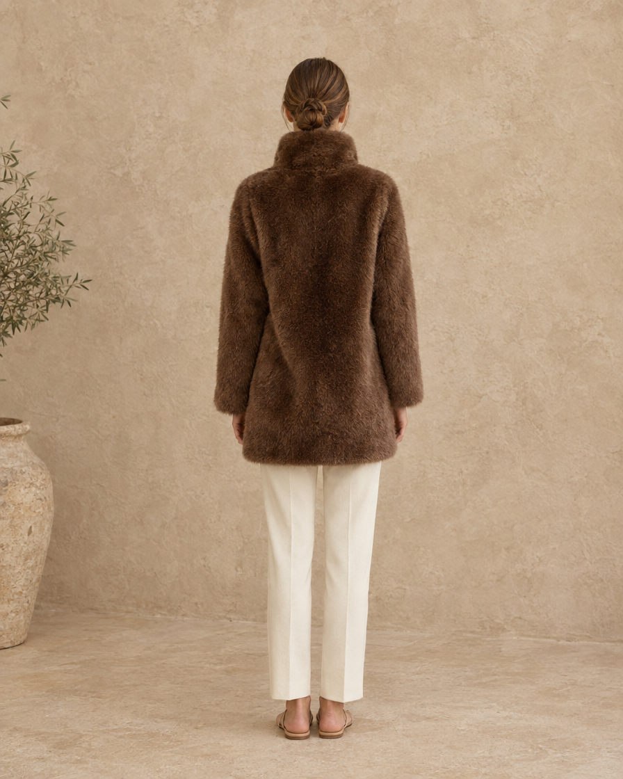 ONORA Kendal High-Collar Faux Fur Coat — full length back