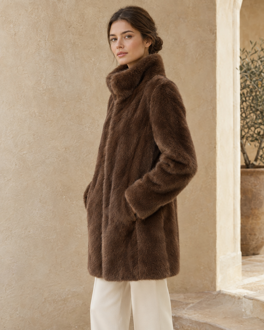 ONORA Kendal High-Collar Faux Fur Coat — three-quarter view