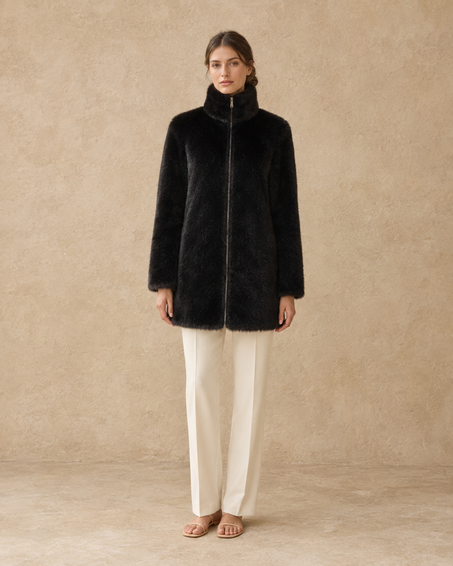 ONORA Kendal High-Collar Faux Fur Coat — Black