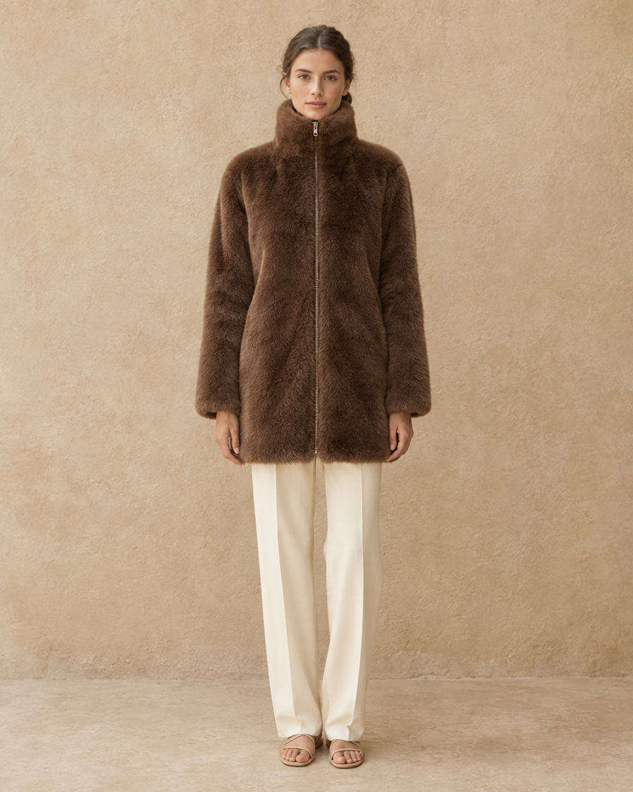 ONORA Kendal High-Collar Faux Fur Coat — full length front, Brown