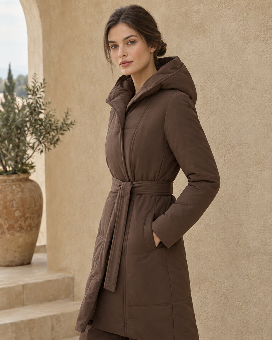 ONORA Larkspur Belted Long Hooded Winter Coat — three-quarter view