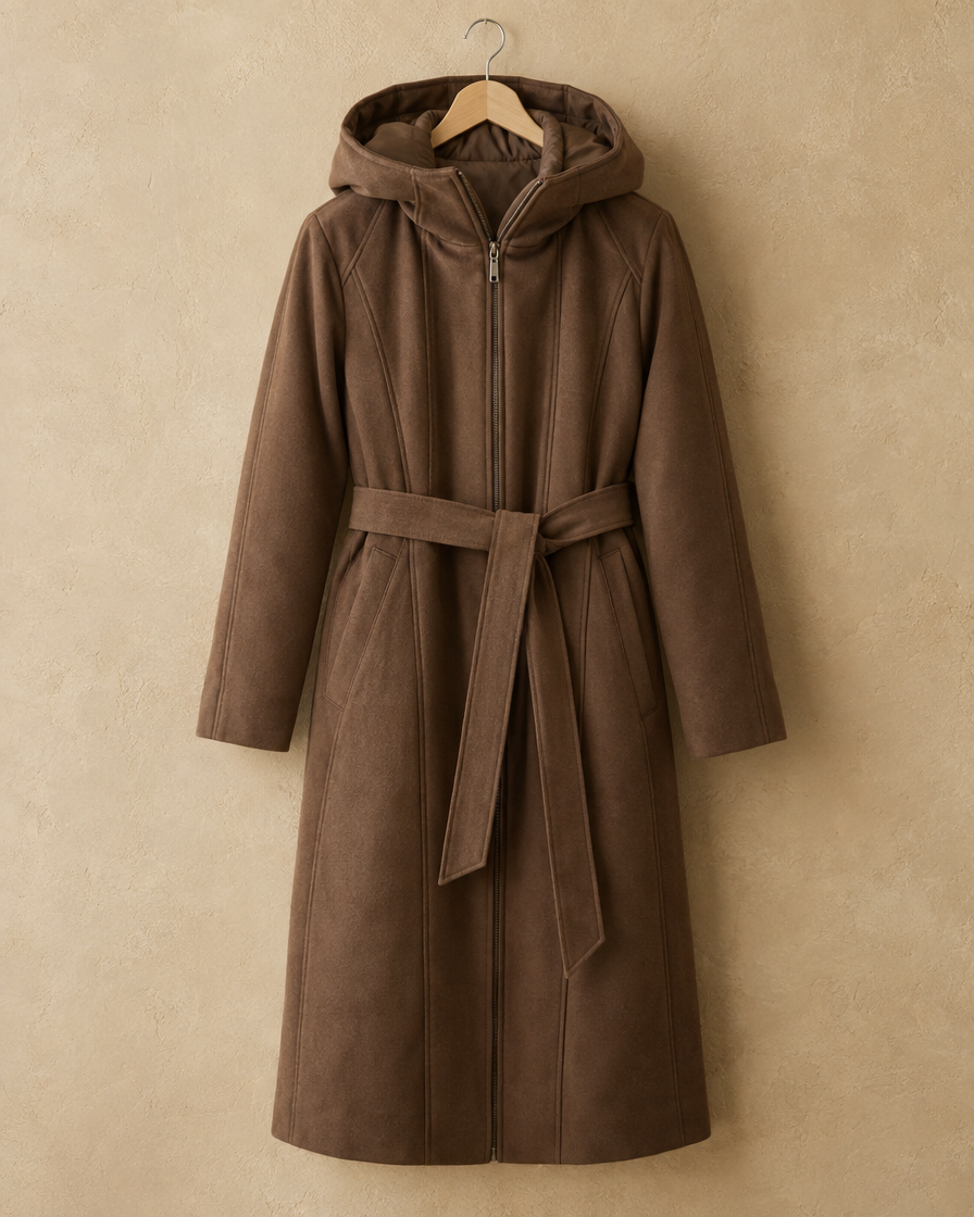 ONORA Larkspur Belted Long Hooded Winter Coat — hood, belt and panel detail