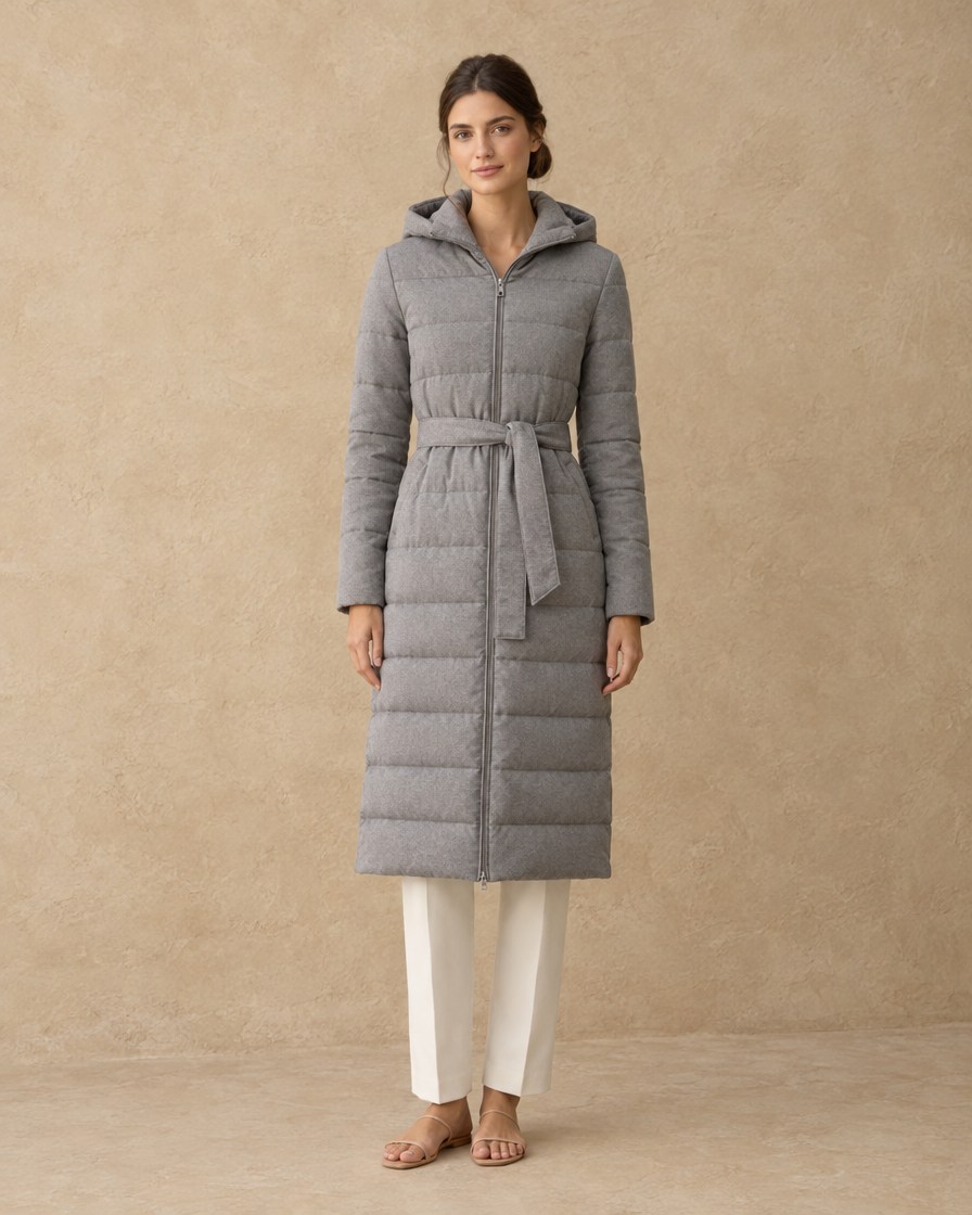 ONORA Larkspur Belted Long Hooded Winter Coat — Grey
