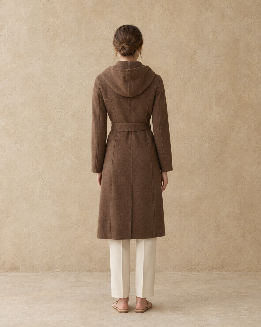 ONORA Larkspur Belted Long Hooded Winter Coat — full length back