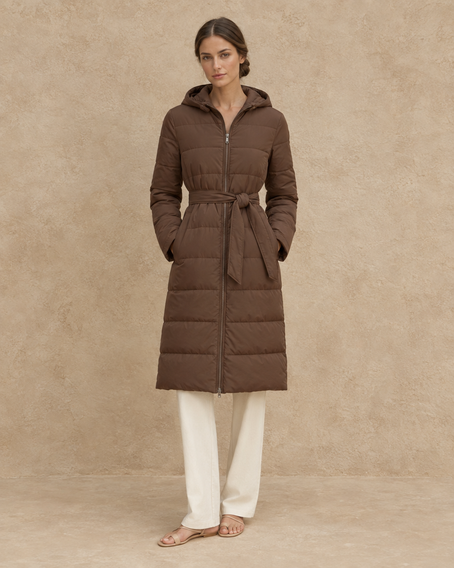 ONORA Larkspur Belted Long Hooded Winter Coat — full length front, Brown