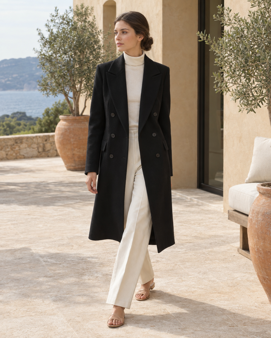 ONORA Women's Longline Double-Breasted Tailored Coat — worn on a villa terrace