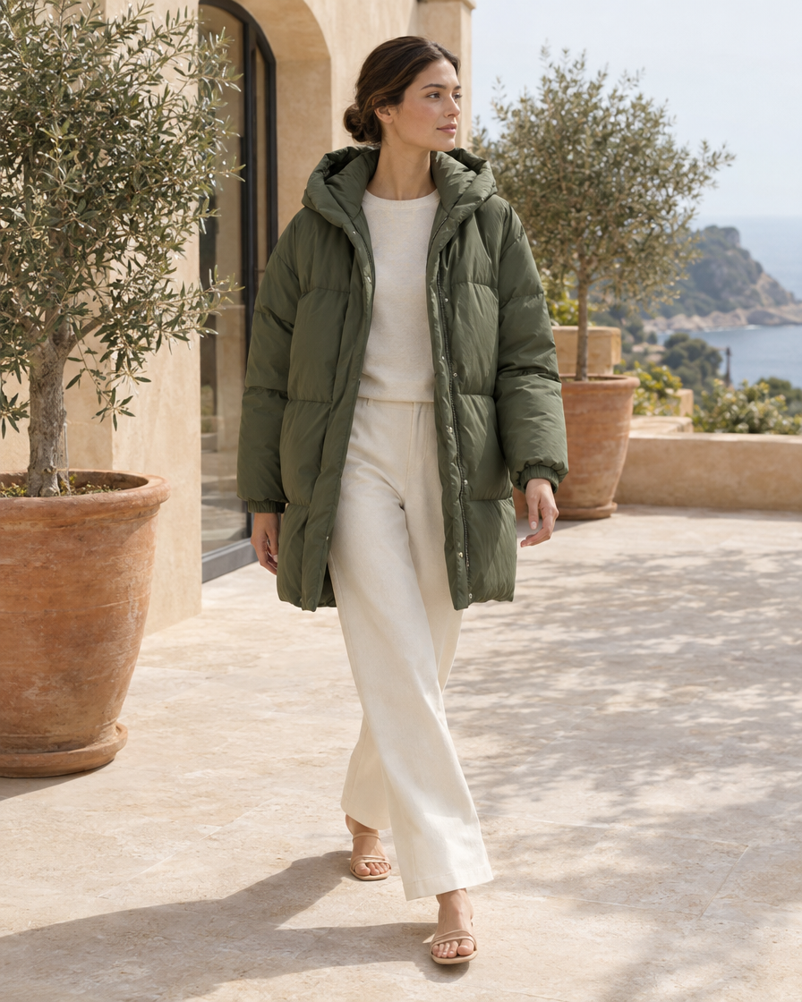 ONORA Women's Oversize Hooded Puffer Coat — worn on a villa terrace