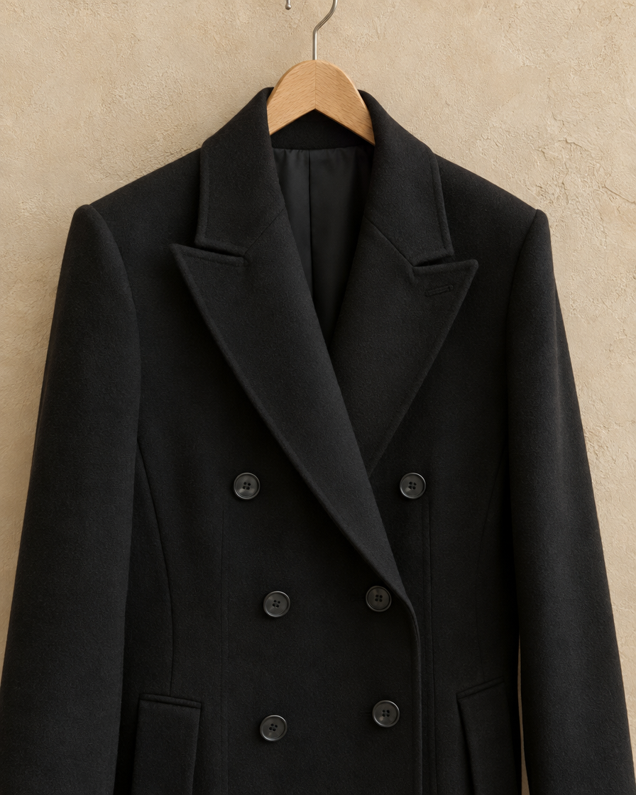 ONORA Women's Longline Double-Breasted Tailored Coat — lapel and button detail