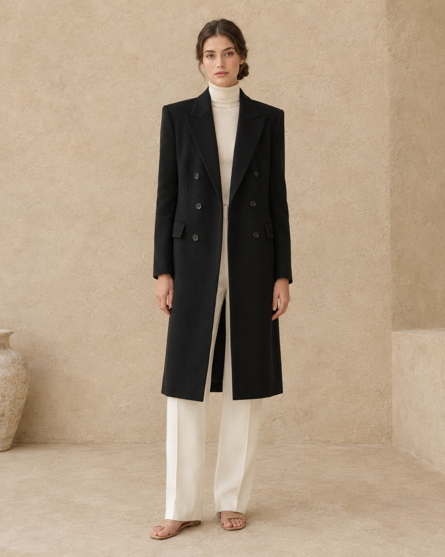 ONORA Women's Longline Double-Breasted Tailored Coat — full length front, Black