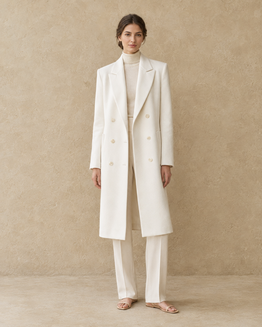 ONORA Women's Longline Double-Breasted Tailored Coat — White