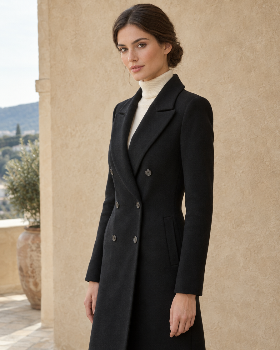 ONORA Women's Longline Double-Breasted Tailored Coat — three-quarter view
