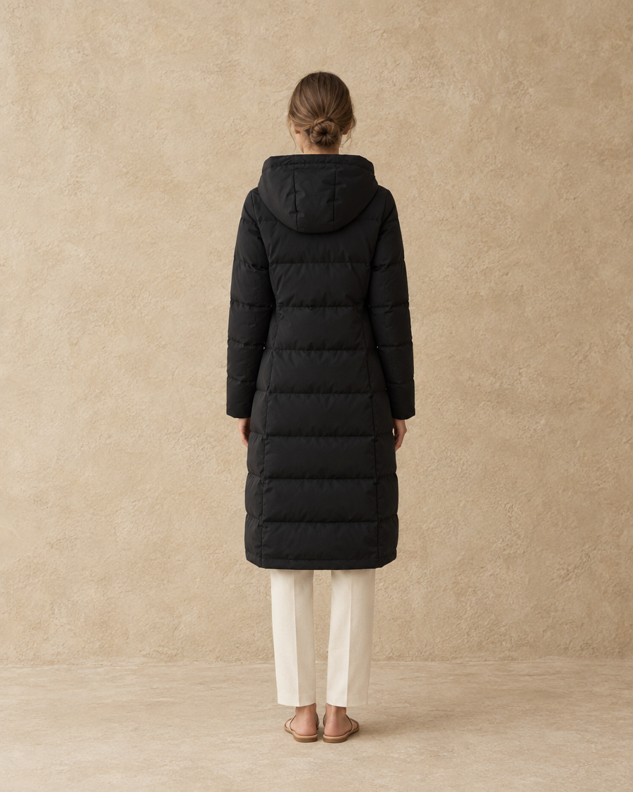 ONORA Northwind Waterproof Longline Hooded Puffer Parka — full length back