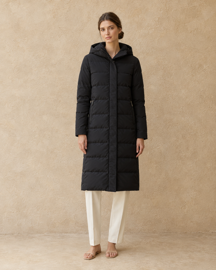 ONORA Northwind Waterproof Longline Hooded Puffer Parka — full length front, Black
