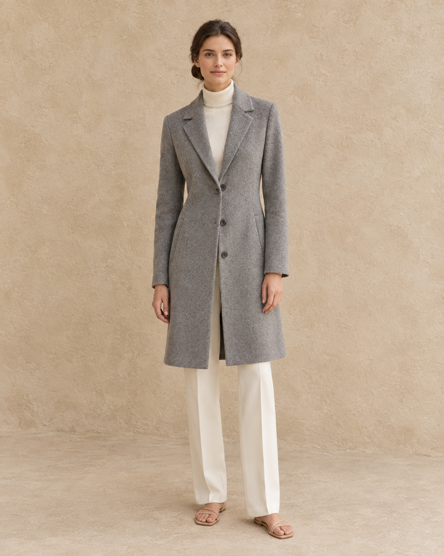 ONORA Morzine Fold-Down Collar Wool-Blend Coat — full length front, Gray