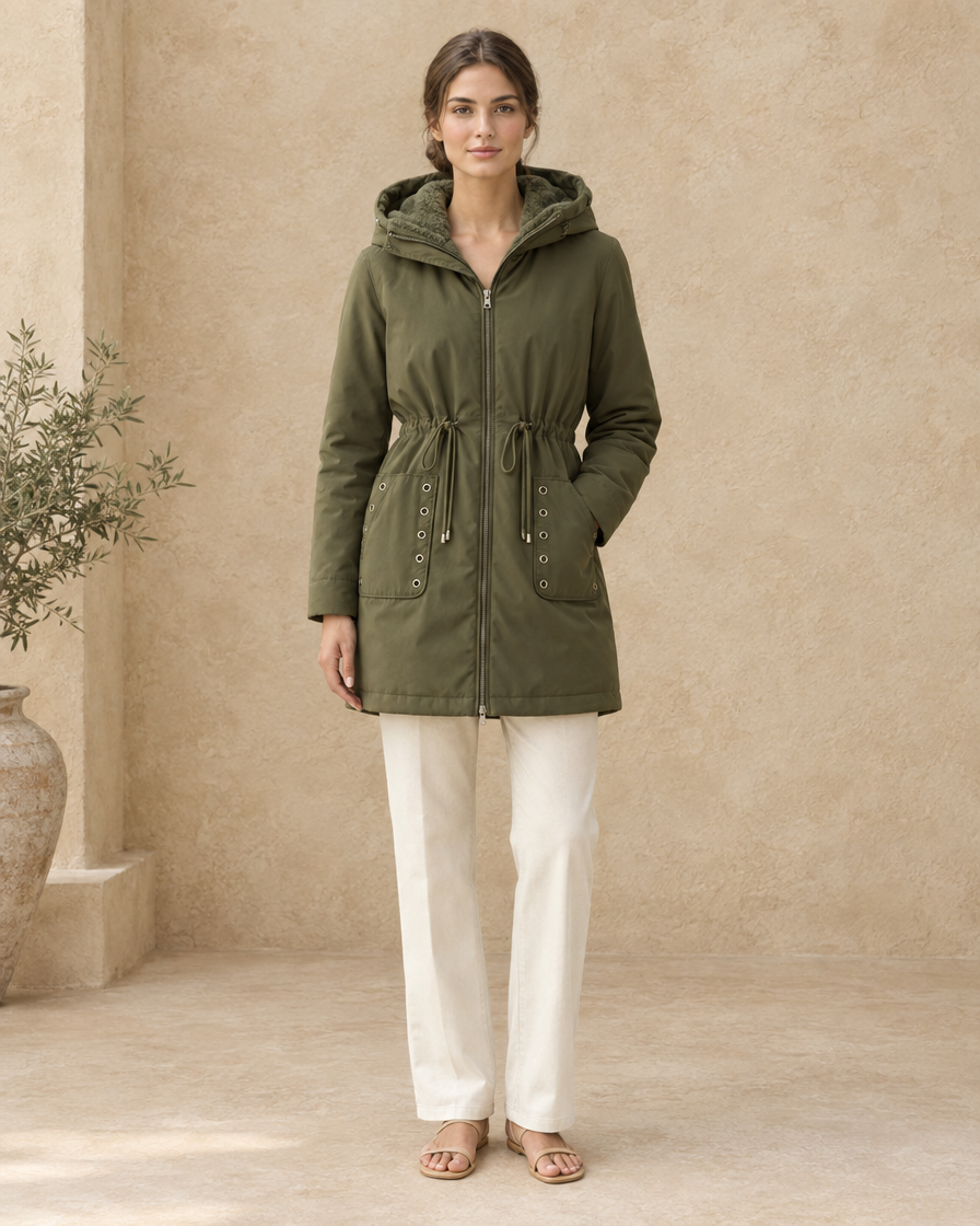 ONORA Moab Drawstring-Waist Parka with Lined Hood — full length front, Green