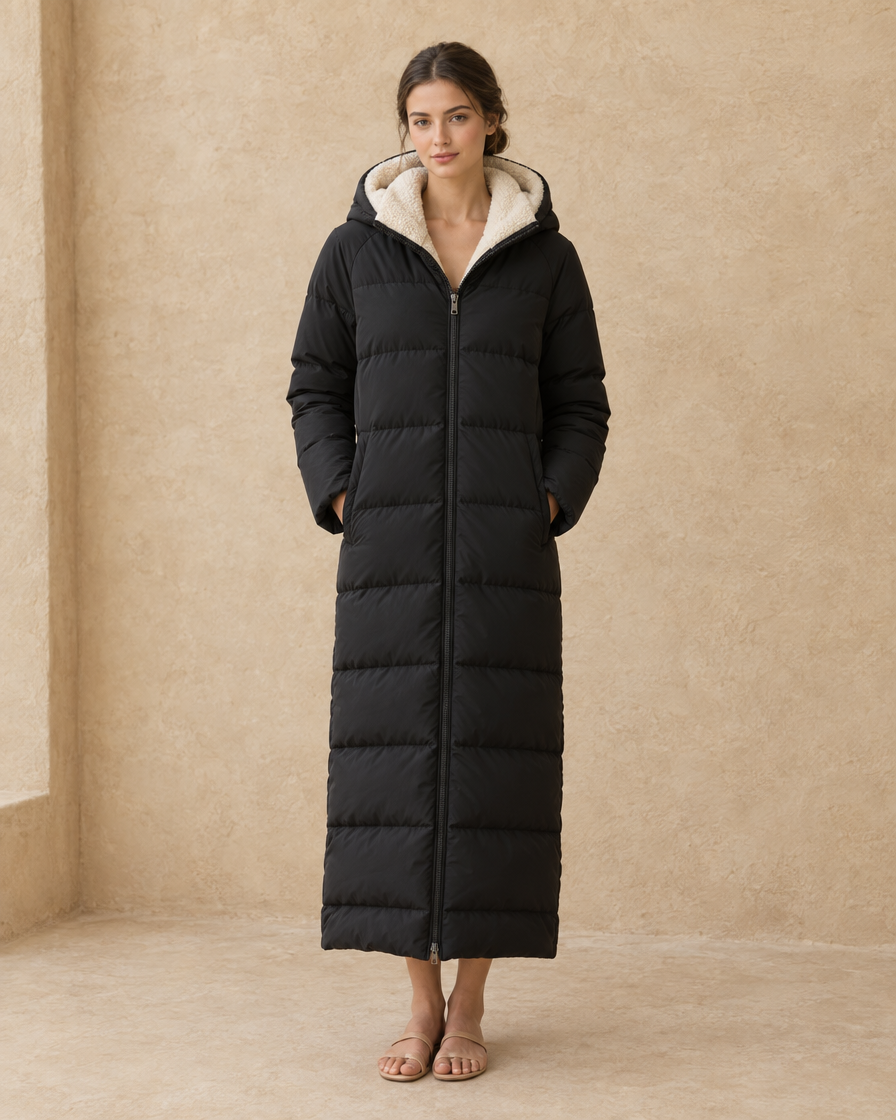 ONORA Meridian Sherpa-Lined Maxi Puffer Coat — full length front, Black