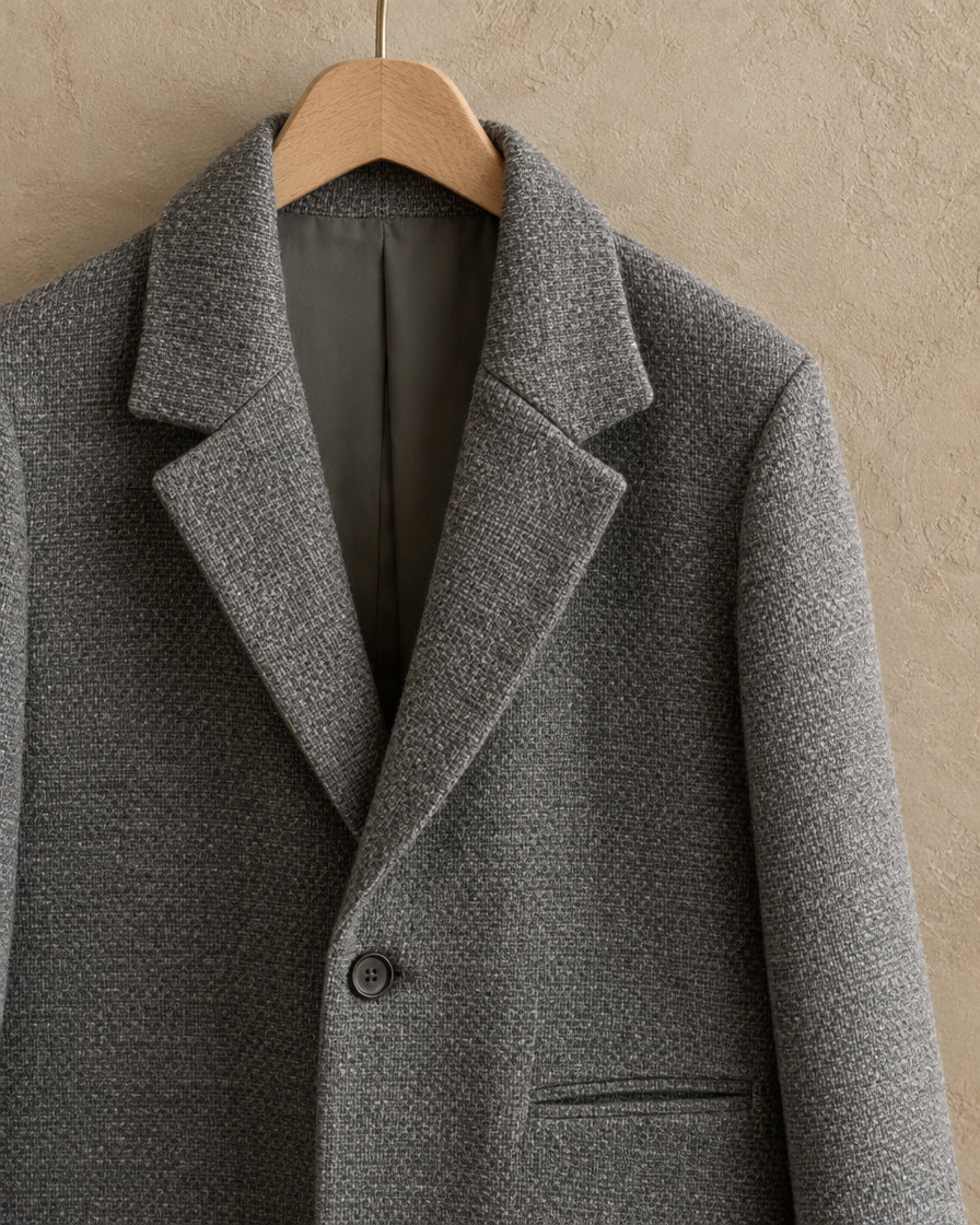 Textured Knee-Length Coat with Blazer Collar — collar, button and pocket detail