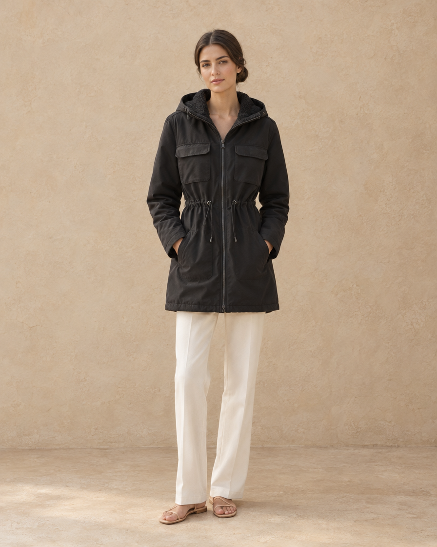 ONORA Lumen Fleece-Lined Hooded Winter Parka — full length front, Black