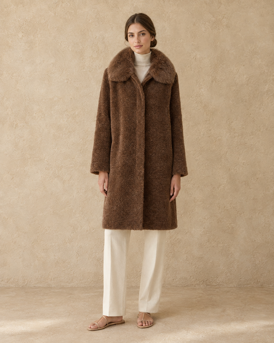 ONORA Lowell Chenille Coat with Detachable Fur Collar — full length front, Brown