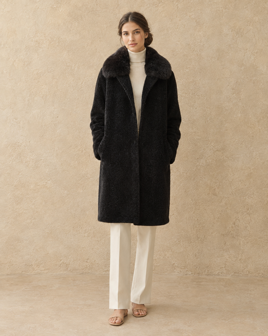 ONORA Lowell Chenille Coat with Detachable Fur Collar — Black