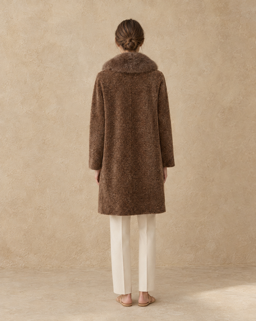 ONORA Lowell Chenille Coat with Detachable Fur Collar — full length back