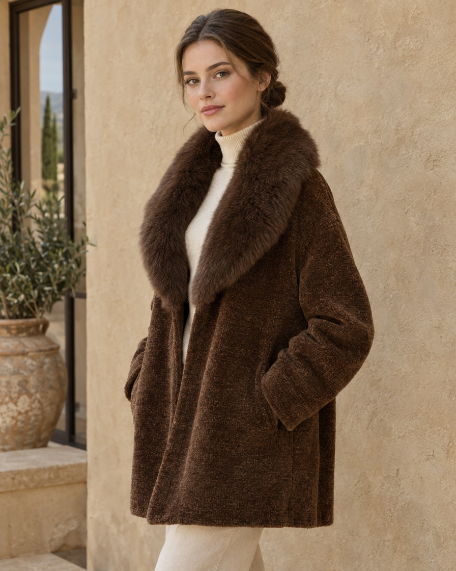 ONORA Lowell Chenille Coat with Detachable Fur Collar — three-quarter view