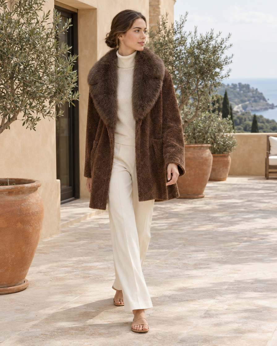 ONORA Lowell Chenille Coat with Detachable Fur Collar — worn on a villa terrace