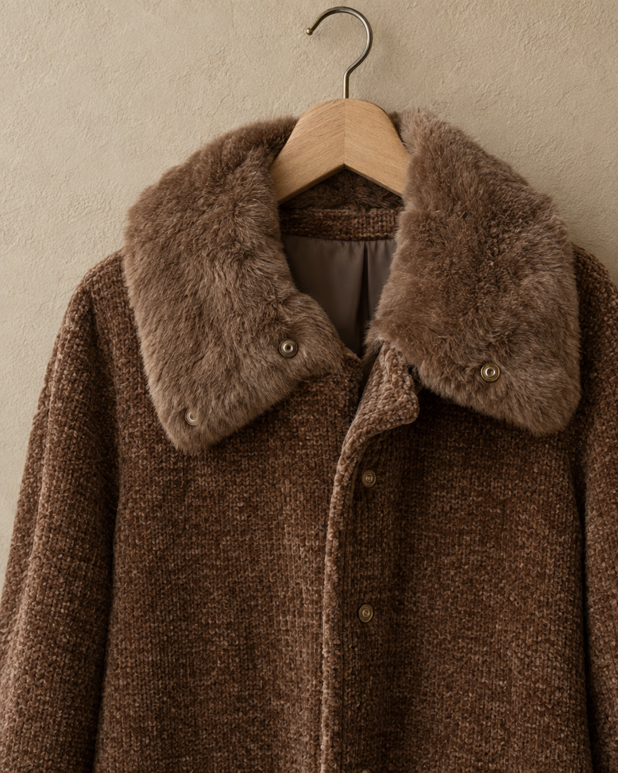 ONORA Lowell Chenille Coat with Detachable Fur Collar — fur collar and chenille detail