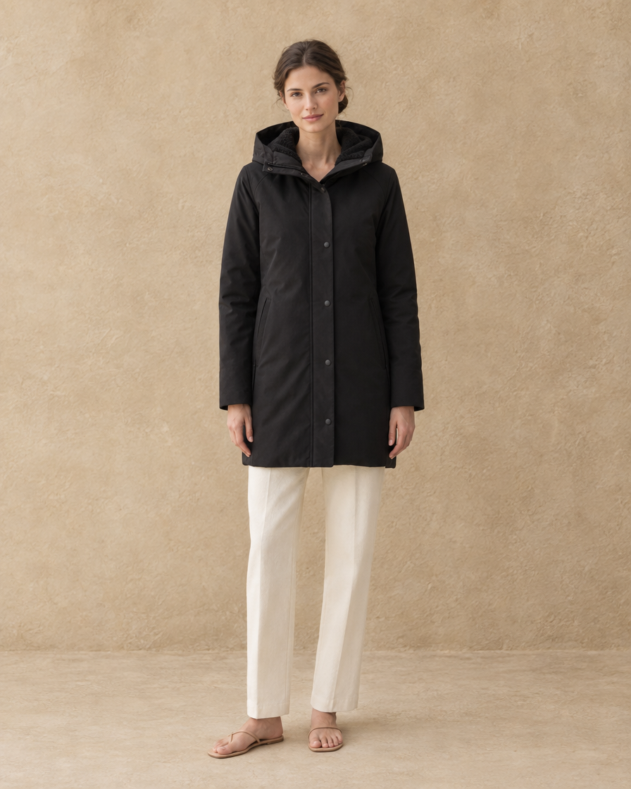 ONORA Lotus Fleece-Lined Parka with Storm Flap — full length front, Black