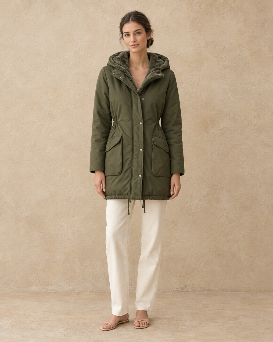 ONORA Lodge Plush-Lined Hooded Parka — full length front, Army Green