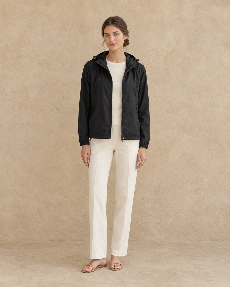 ONORA Women's Waterproof Hooded Windbreaker Jacket — full length front, Black