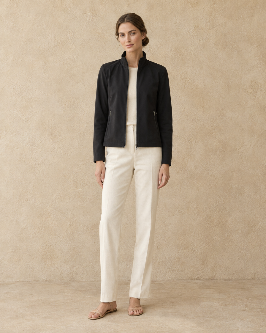 ONORA Women's Stand Collar Zipper Jacket — full length front, Black