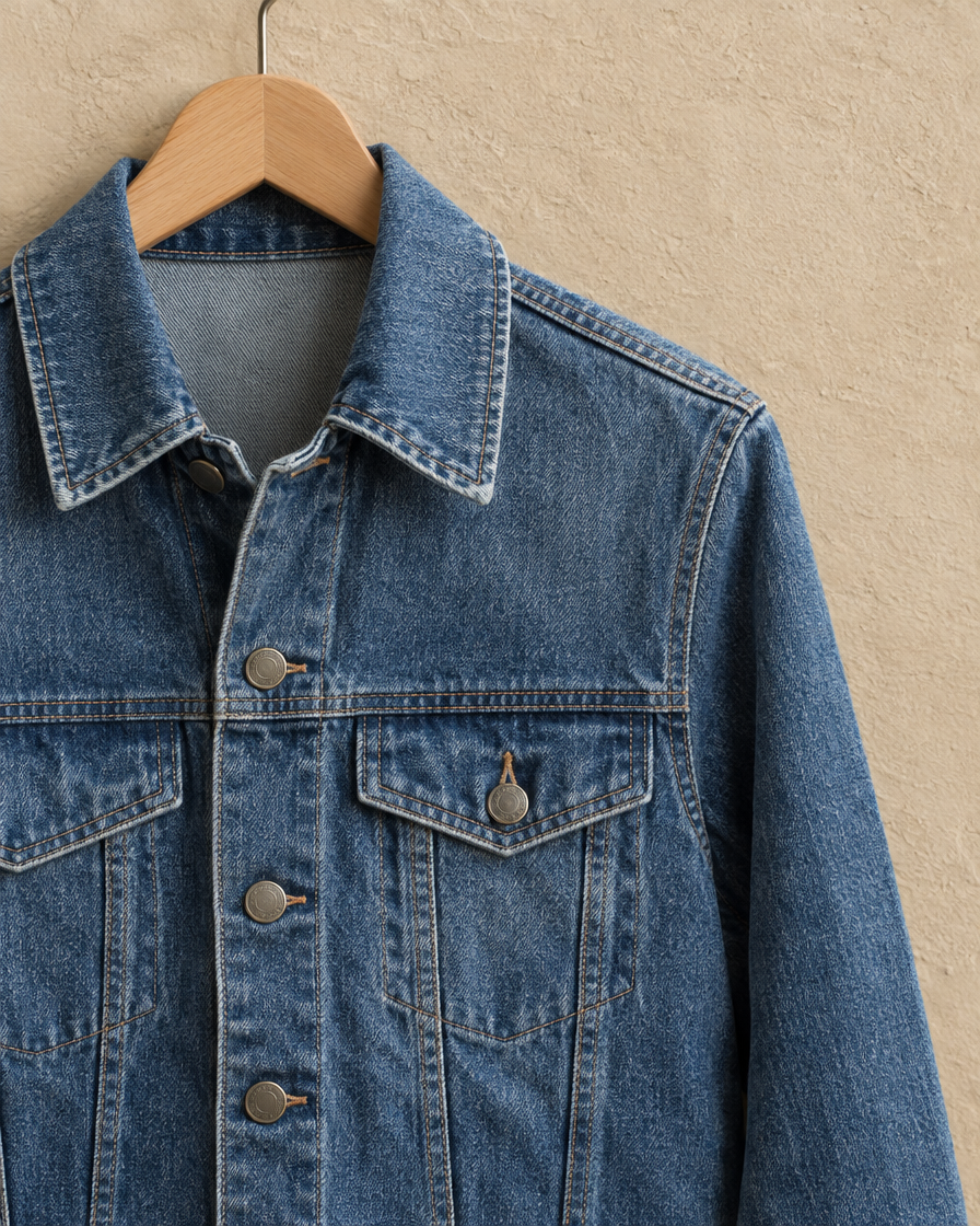 ONORA Women's Slim Fit Denim Jacket — collar, button and pocket detail