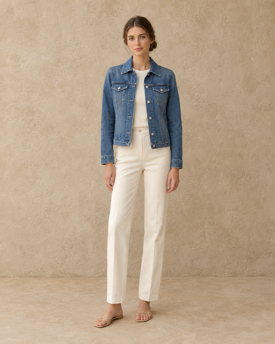 ONORA Women's Slim Fit Denim Jacket — full length front, Blue