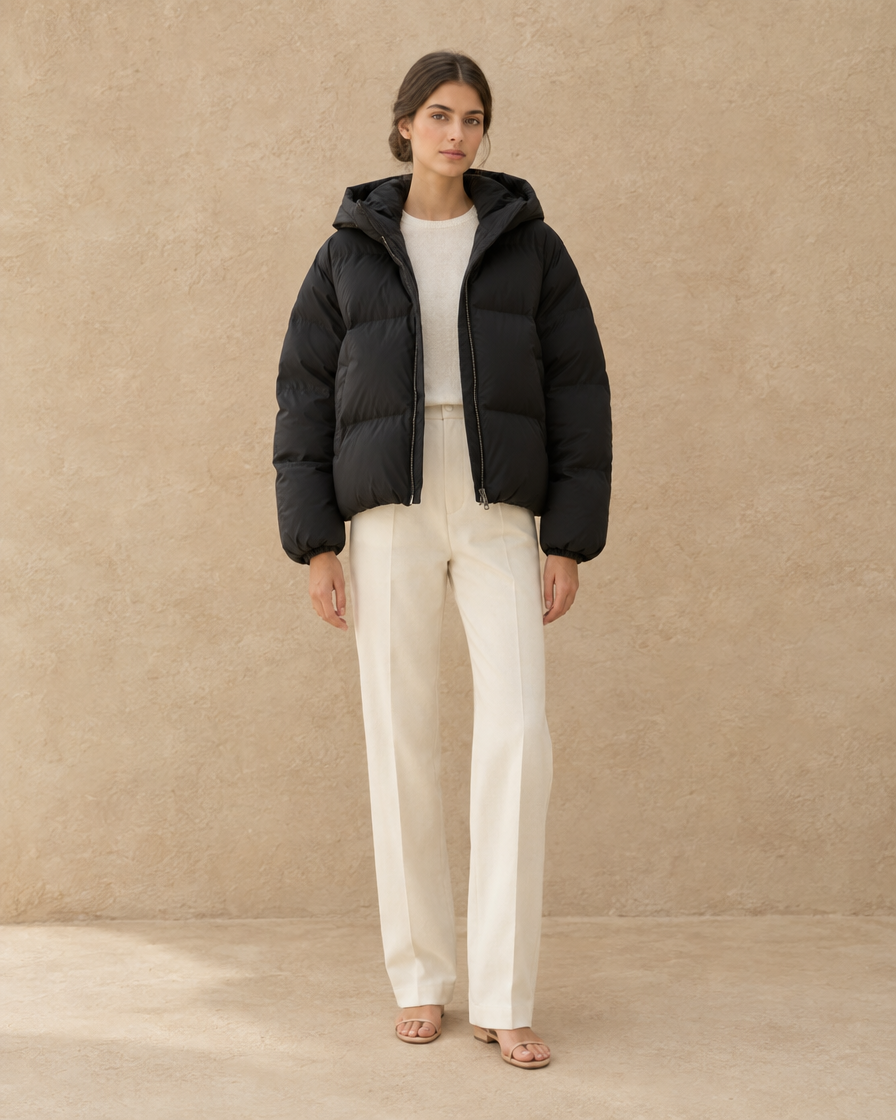 ONORA Women's Oversized Hooded Puffer Jacket — full length front, Black