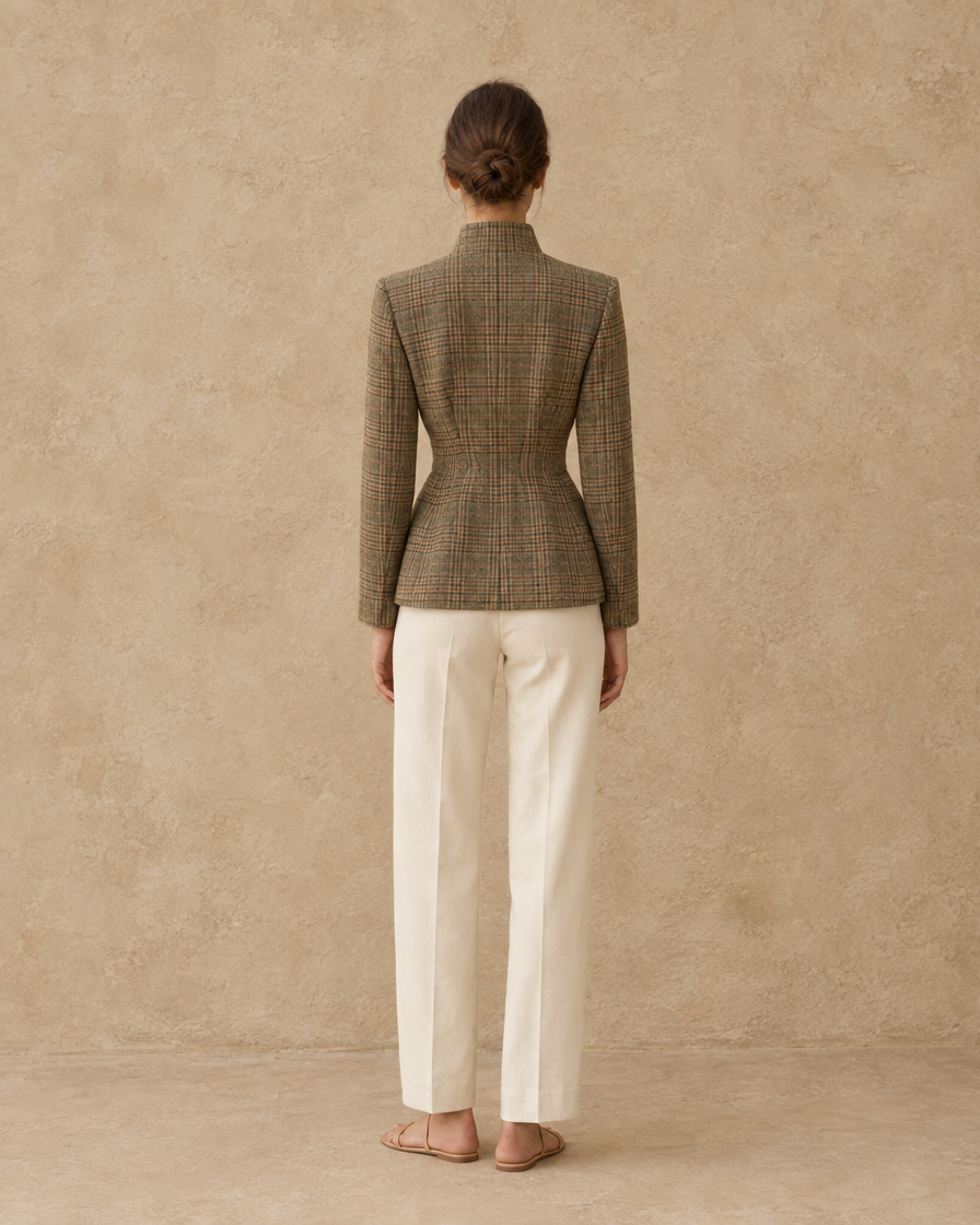 ONORA Vintage Plaid Waist-Cinched Jacket — full length back