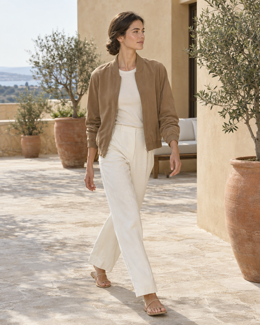 ONORA Street Bomber Jacket — worn on a villa terrace